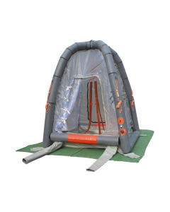 Multi nozzle decontamination shower within an inflatable shelter