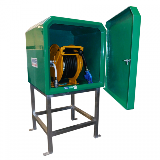Wash down hose reel and cabinet